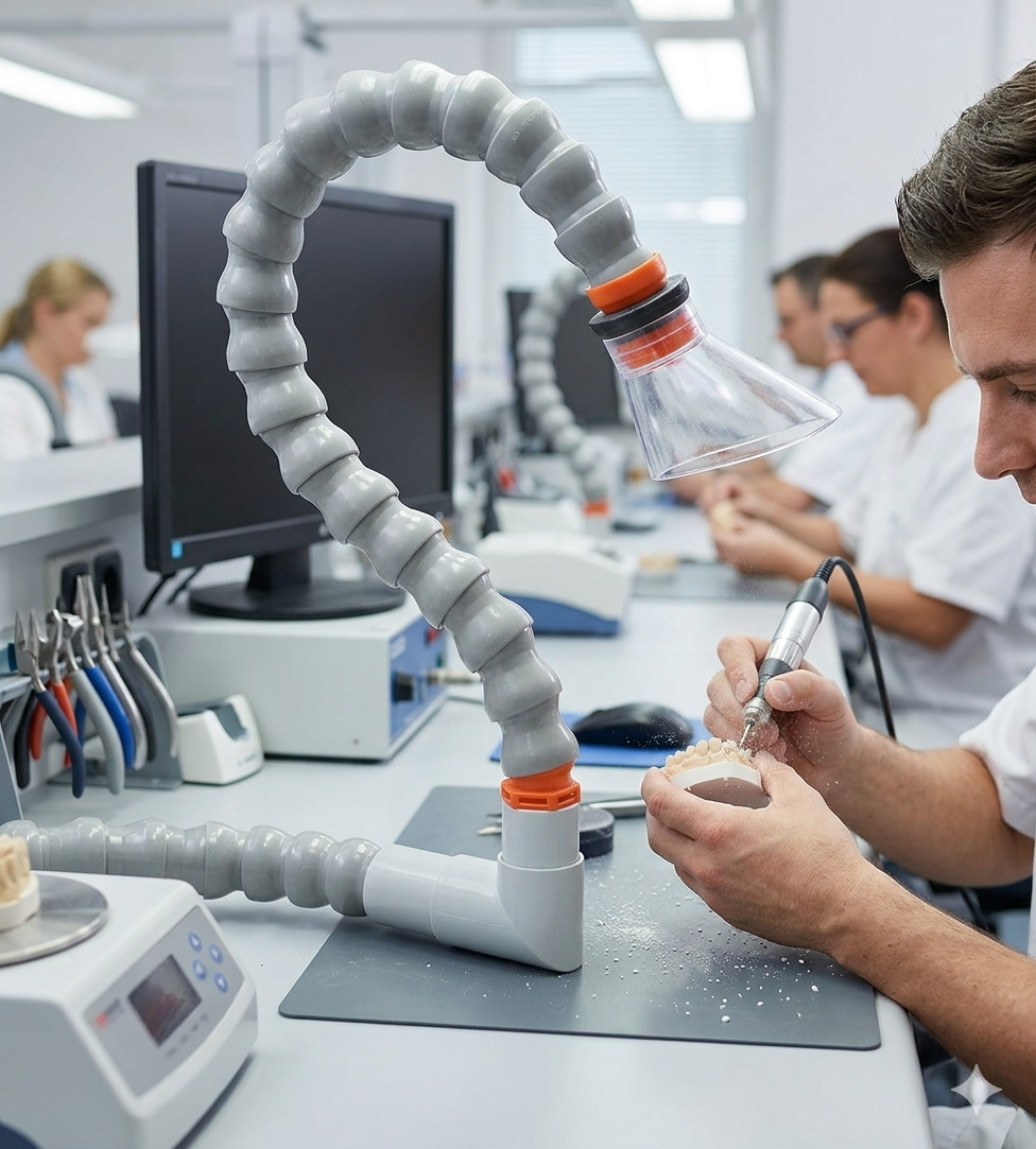 Gelenkarm zur Absaugung im Zahnlabor Arbeitsplatzabsaugung Dentallabor Praxislabor
